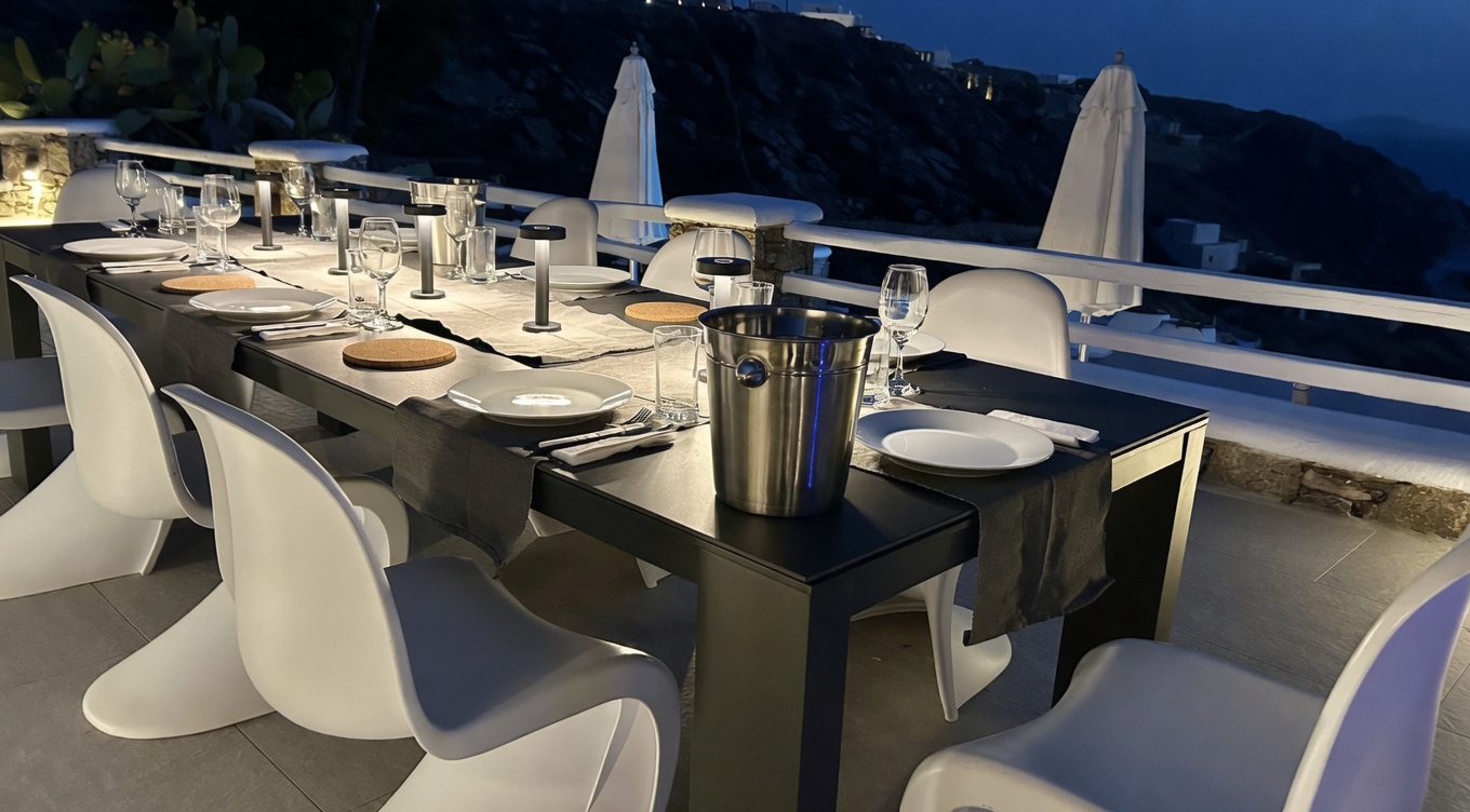 Villa AGNES terrace dining at sunset
